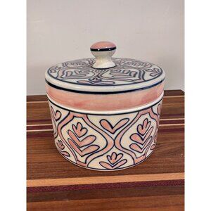 Hand-Painted Ceramic Storage Jar With Lid - Pink & Blue Floral Pattern - 6.5" Di